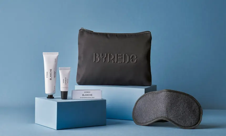 Singapore Airlines' new amenity kit for business class made in partnership with BYREDO, featuring a zip pouch with BYREDO's logo, three BYREDO products and an eye mask.