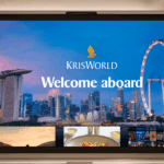 Seatback screen showing a welcome page over a dusk Singapore skyline with a large observation wheel, a side menu, and film and meal thumbnails below.