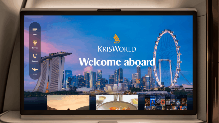 Seatback screen showing a welcome page over a dusk Singapore skyline with a large observation wheel, a side menu, and film and meal thumbnails below.
