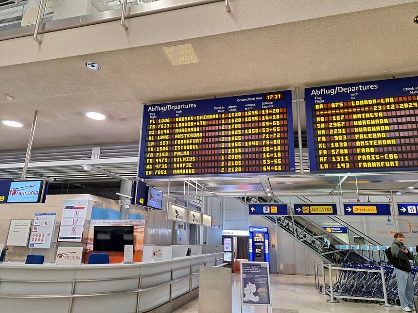 Departure information that displays in the departures hall of Nuremberg Airport