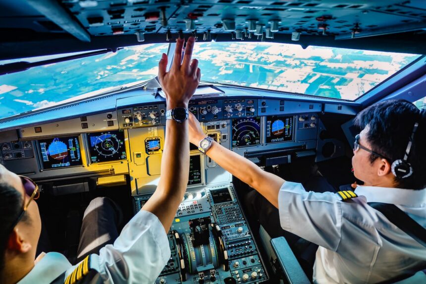 Image shows two pilots in a cockpit
