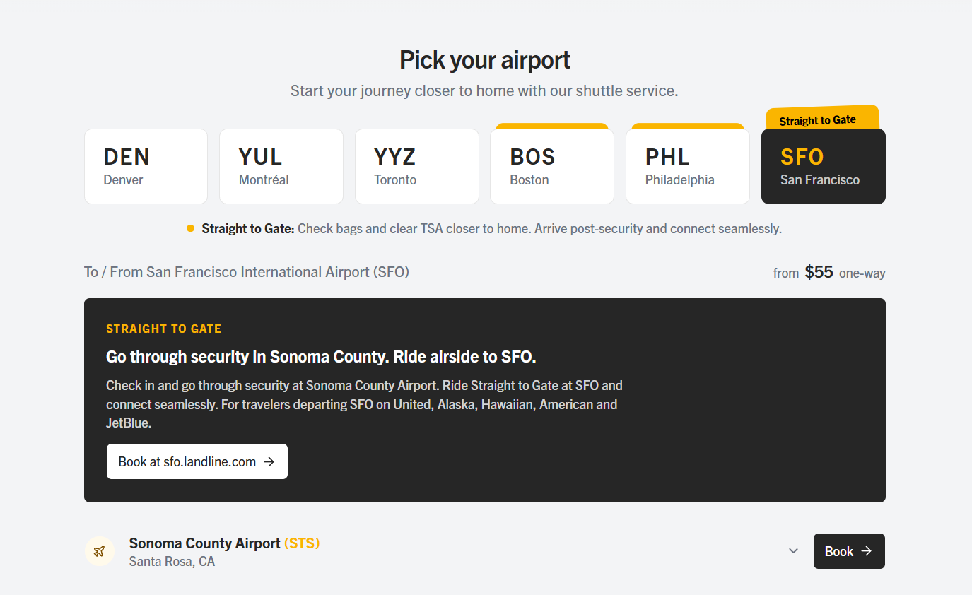 Flight booking interface on Landline's website, showcasing various flight choices, schedules, and fare details.