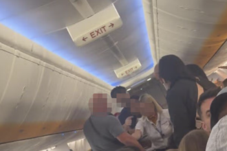 Screenshot from Harry Watson's video of the incident that shows the female cabin crew member trying to break up the fight.