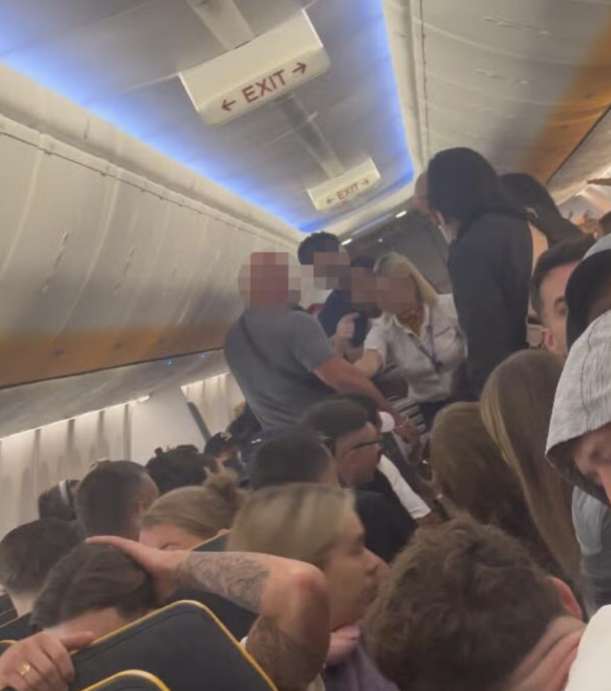 Screenshot from Harry Watson's video of the incident that shows the female cabin crew member trying to break up the fight.