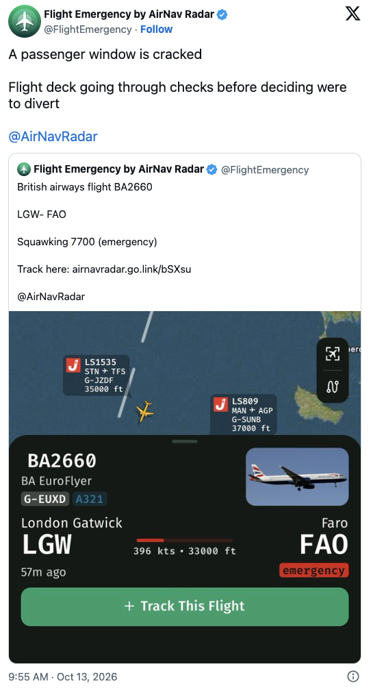 AirNav Radar reporting live updates of flight BA2660 on X © @FlightEmergency on X