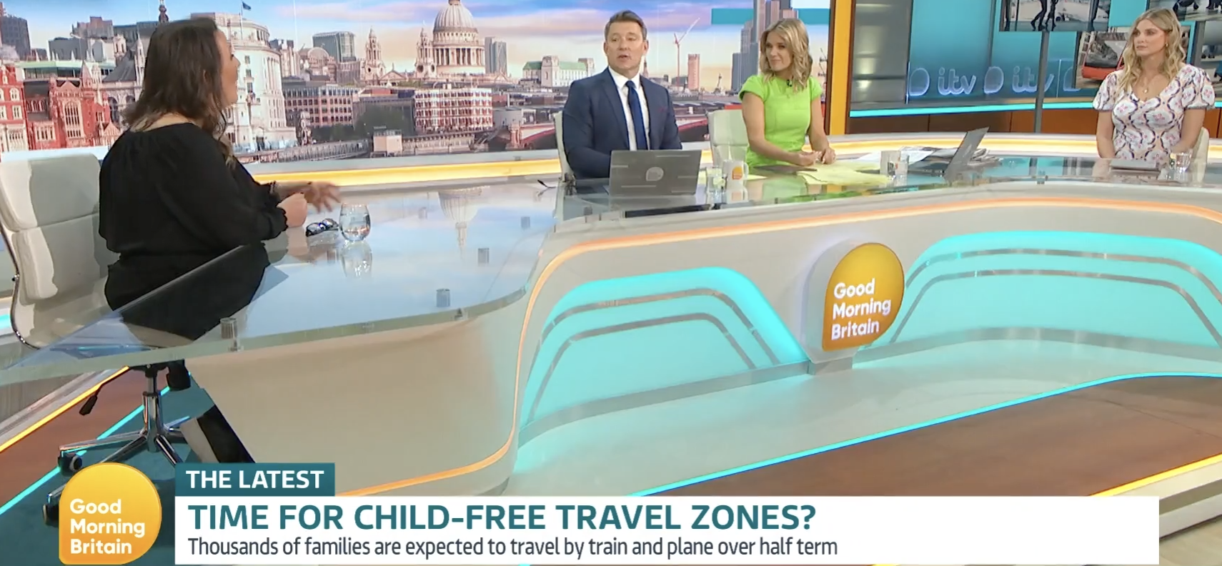 Clare Muldoon and Ashley James debating on Good Morning Britain, is it 'time for child-free travel zones?' 2023 © ITV X, Good Morning Britain