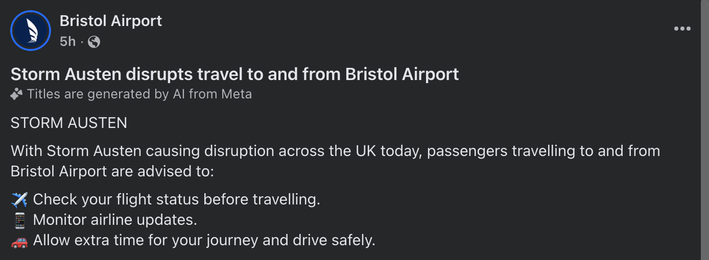 Bristol Airport warns travellers on Facebook about storm Austen © Bristol Airport Facebook 