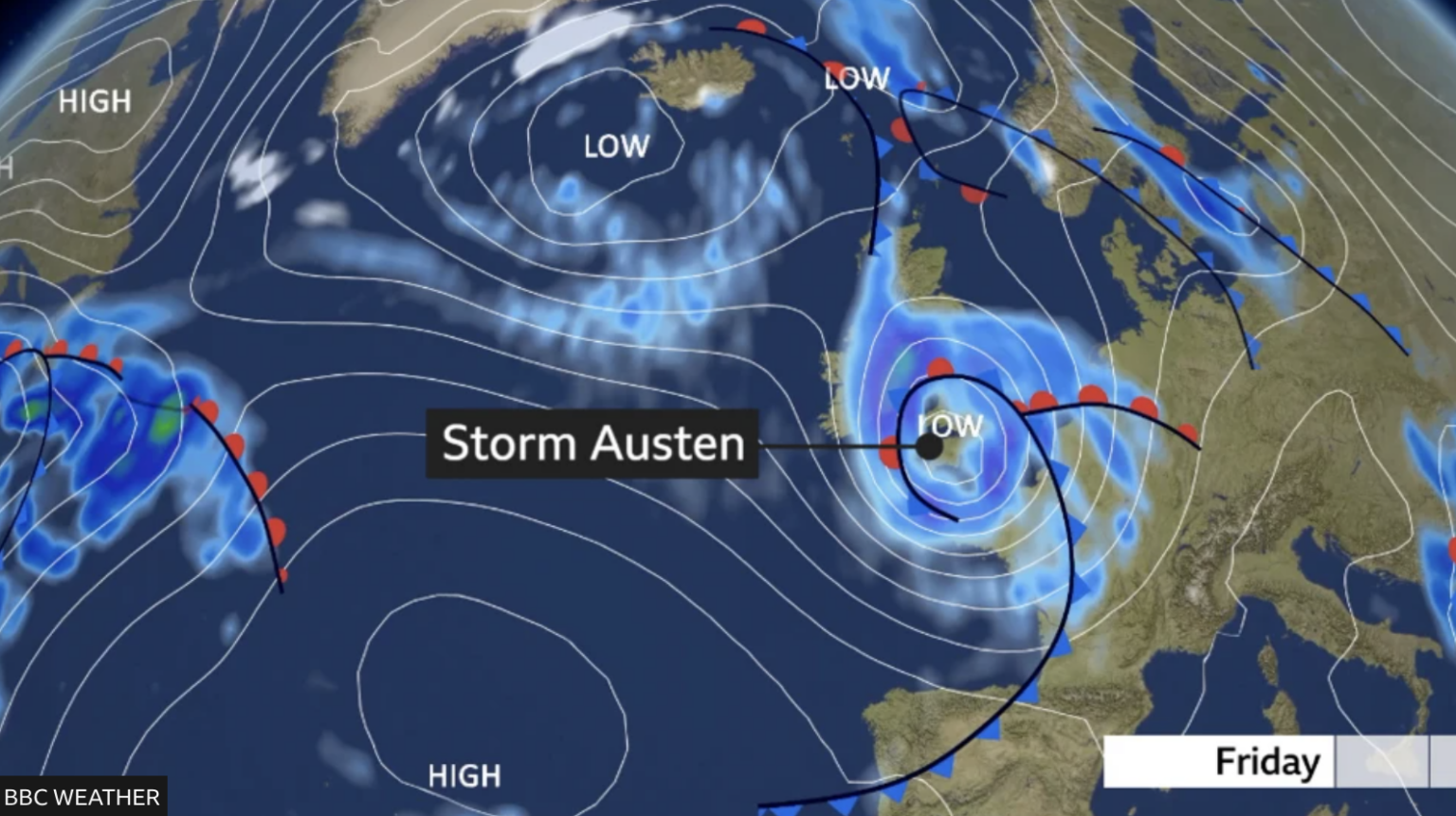 BBC Weather report of Storm Austen moving across southern England © BBC Weather