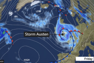 BBC Weather report of Storm Austen moving across southern England © BBC Weather