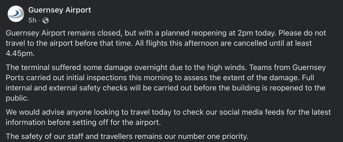 Guernsey Airport Facebook post announcing part closure due to Storm Austen © Guernsey Airport Facebook