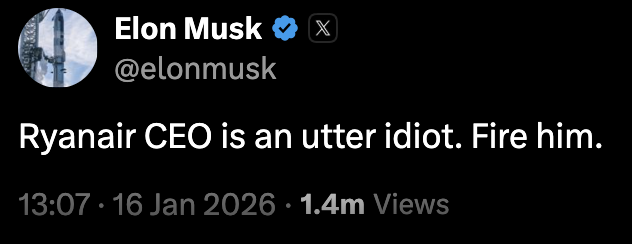 Screenshot of Elon Musk calling Ryanair CEO 'an utter idiot'. 2026 © @elonmusk on X