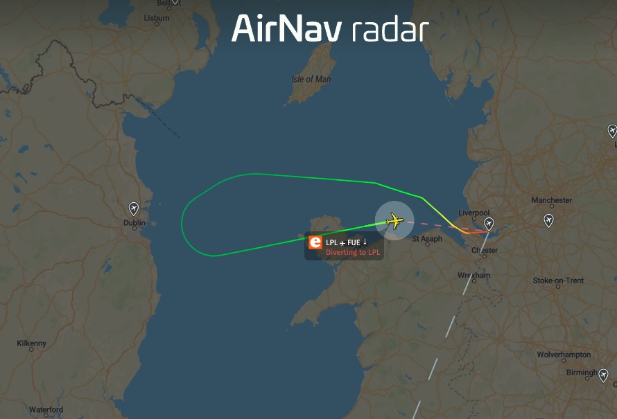 AirNav Radar screenshot showing the flight's journey, including when it turned around to return to Liverpool John Lennon Airport.
