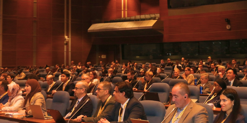 Men and women seated in a conference room in an international talk