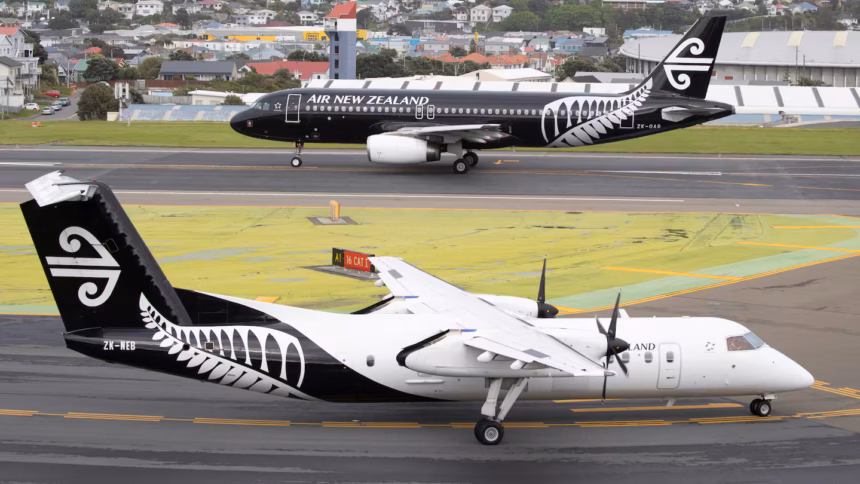 Two Air New Zealand aircraft on airport taxiways, including a De Havilland Q300 turboprop in the foreground and an Airbus narrowbody aircraft in the background, with airport buildings and residential areas visible beyond the airfield.