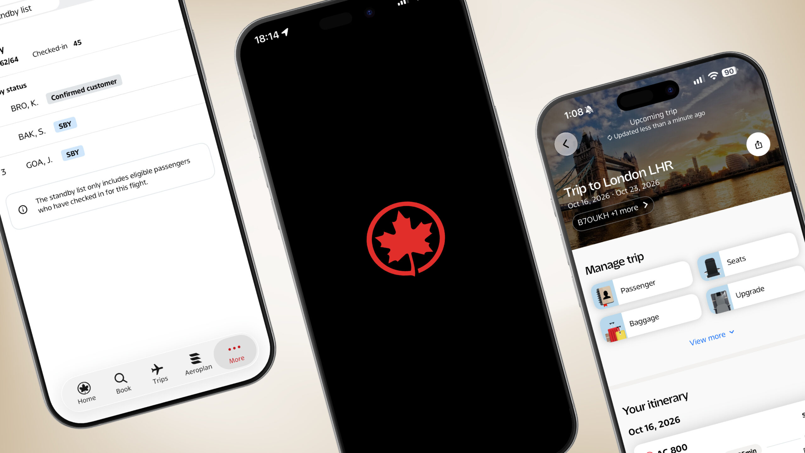Photograph depicting the Air Canada mobile app on three smartphone, with the second smartphone depicting the Air Canada logo, and the other two smartphones depicting the features of the Air Canada mobile app.
