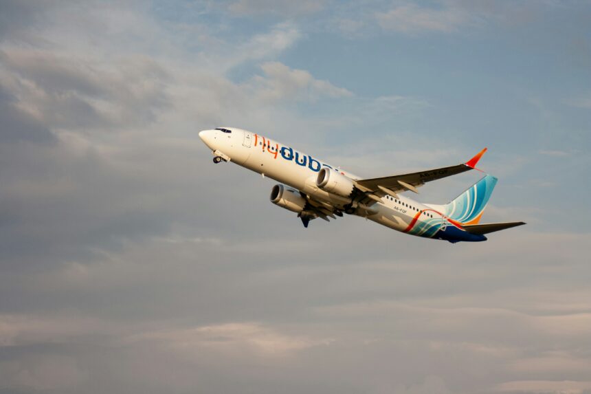 flydubai plane overhead with clouds appearing against a blue sky in the background.