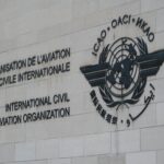 The logo of the International Civil Aviation Organisation on a wall in Montréal