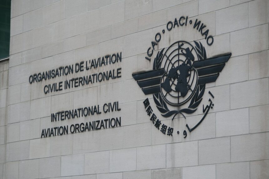 The logo of the International Civil Aviation Organisation on a wall in Montréal