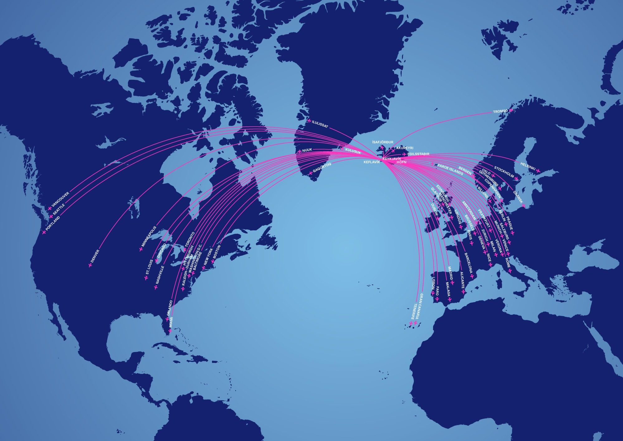 Image shows an IcelandAir network routemap from its Icelandic map to over 60 destinations