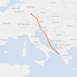 Flight-tracking map showing the route of a Corendon Airlines flight from Corfu, Greece, toward Nuremberg, Germany. The orange flight path travels north across Greece, Croatia, Slovenia and Austria before diverting toward southern Germany.