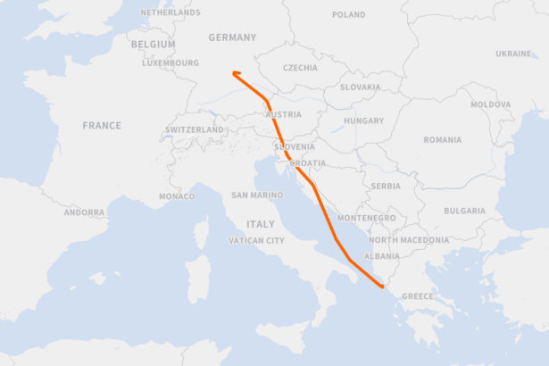 Flight-tracking map showing the route of a Corendon Airlines flight from Corfu, Greece, toward Nuremberg, Germany. The orange flight path travels north across Greece, Croatia, Slovenia and Austria before diverting toward southern Germany.
