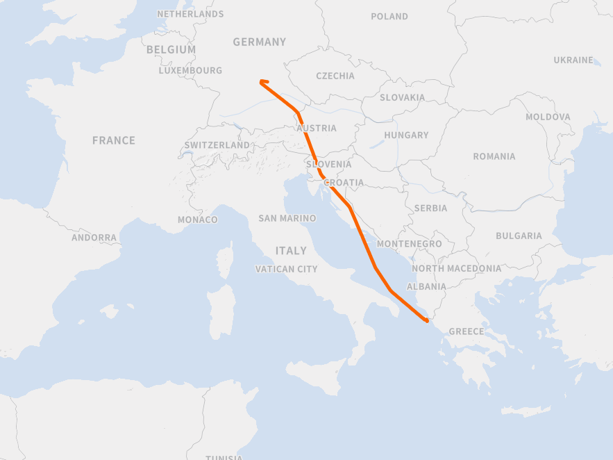 Flight-tracking map showing the route of a Corendon Airlines flight from Corfu, Greece, toward Nuremberg, Germany. The orange flight path travels north across Greece, Croatia, Slovenia and Austria before diverting toward southern Germany.