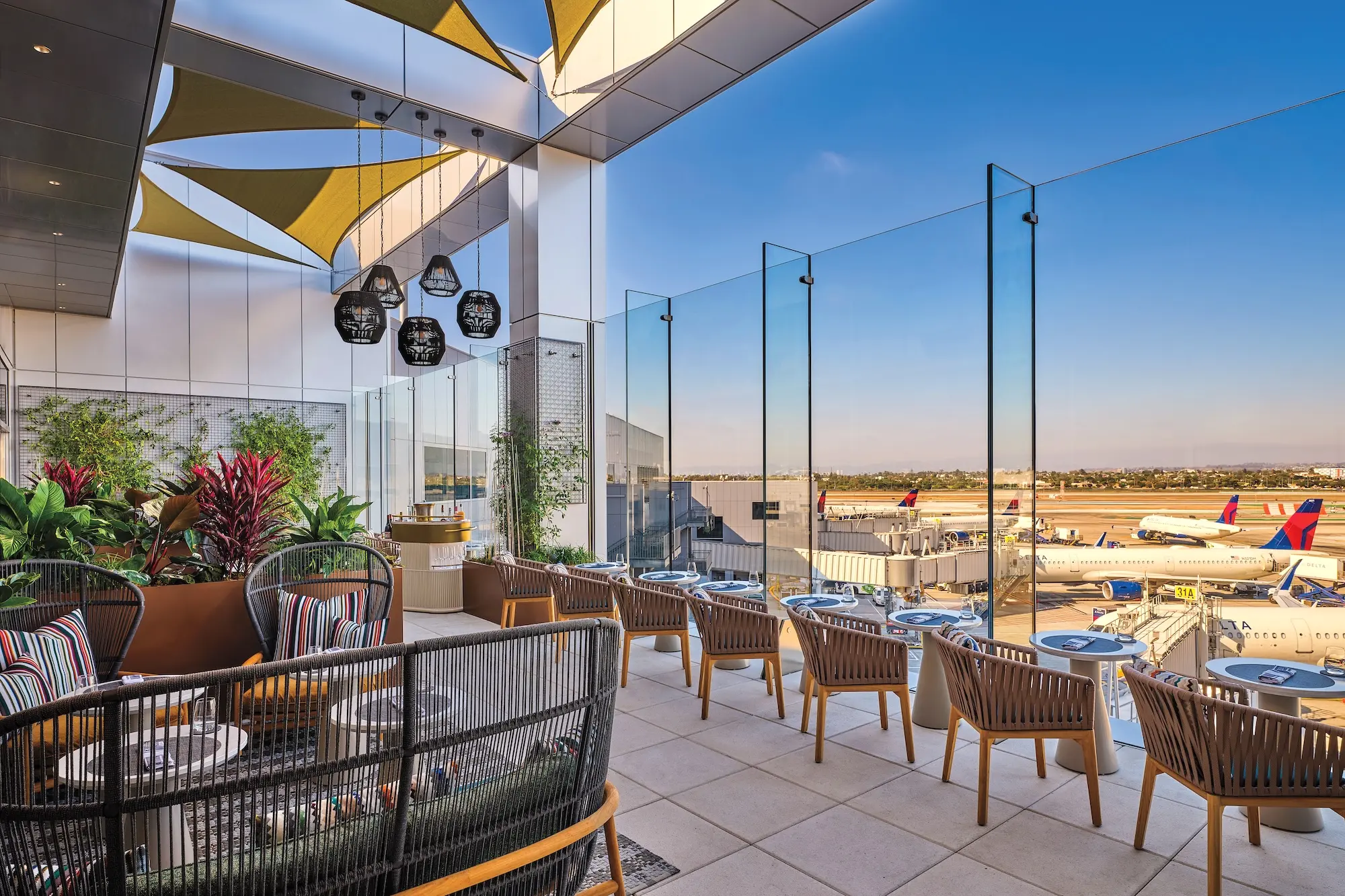 The outdoor terrace at the Delta One Lounge in LAX Terminal 3.