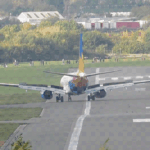 Screenshot of video footage showing the aircraft swerving onto the grass at BHX