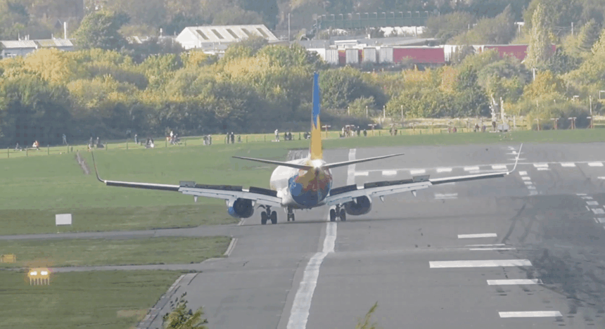 Screenshot of video footage showing the aircraft swerving onto the grass at BHX