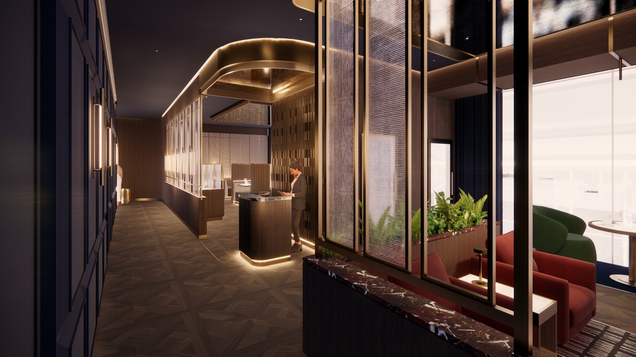 Heathrow Airport's new Terminal 5 British Airways lounge features wood accents and intricate metalwork. The lighting is warm yellow, which accentuates the timber furnishings. Bold and striking architecture appears to deepen the exclusivity of the lounge.