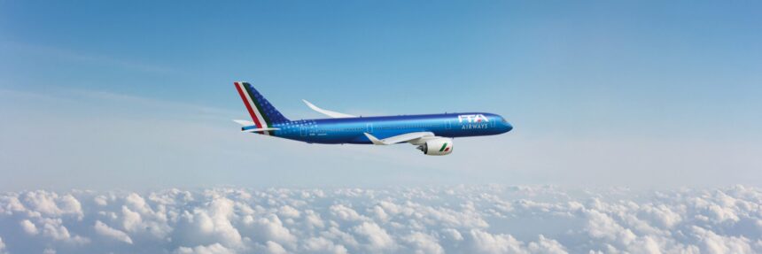 Image shows a blue branded ITA Airways aircraft in a blue sky with white clouds below