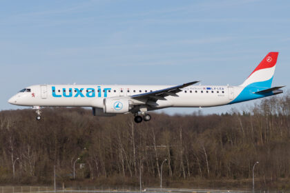 A Luxair Embraer E195-E2 landing at Luxembourg Airport