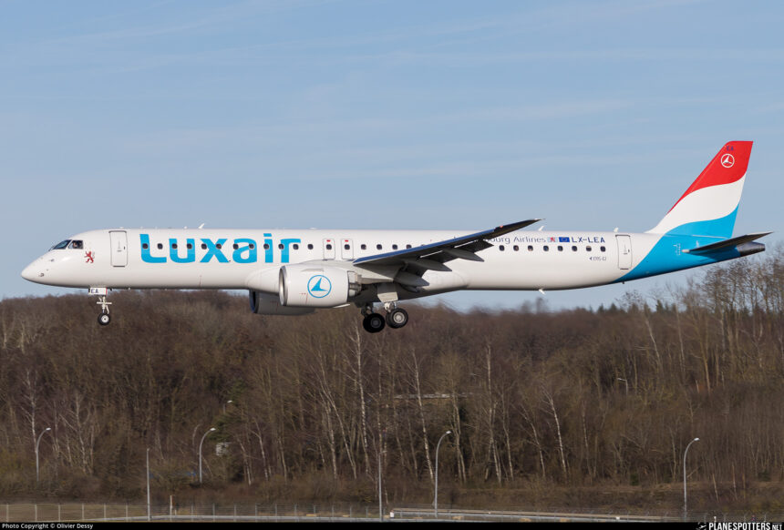 A Luxair Embraer E195-E2 landing at Luxembourg Airport