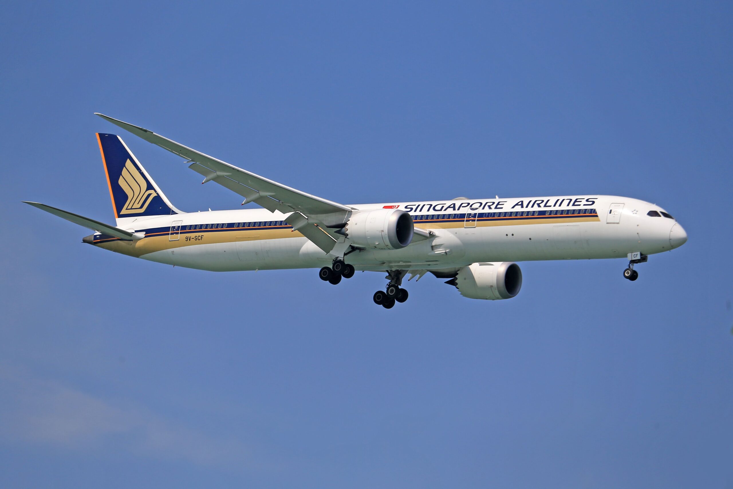 A Singapore Airlines passenger jet with landing gear extended flies against a clear blue sky, displaying its white, gold, and dark blue livery.