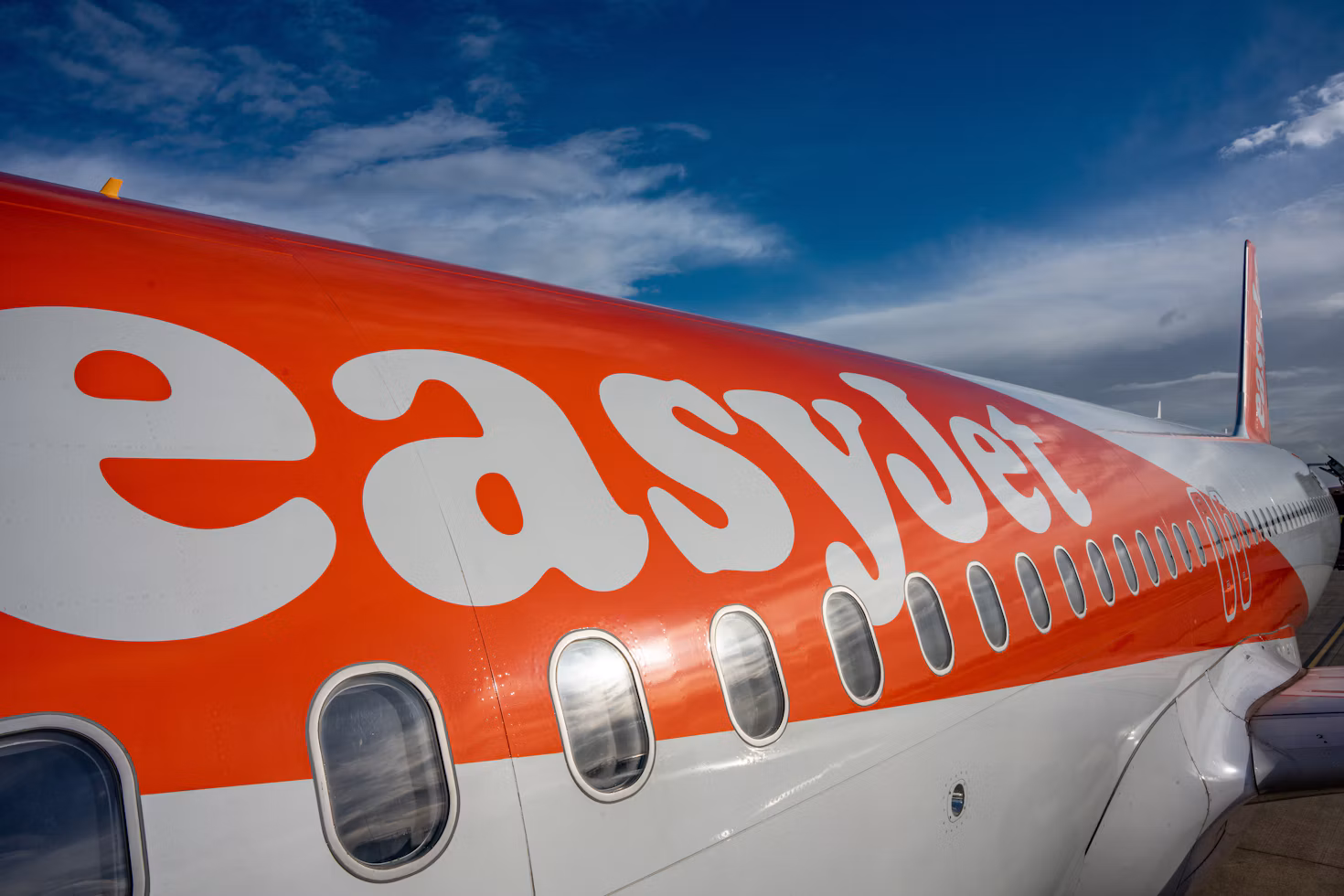 Close-up photo of the side of an easyJet plane in Belfast facing NE.