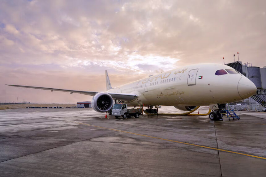 Photograph depicting an Etihad aircraft on the airport runway.