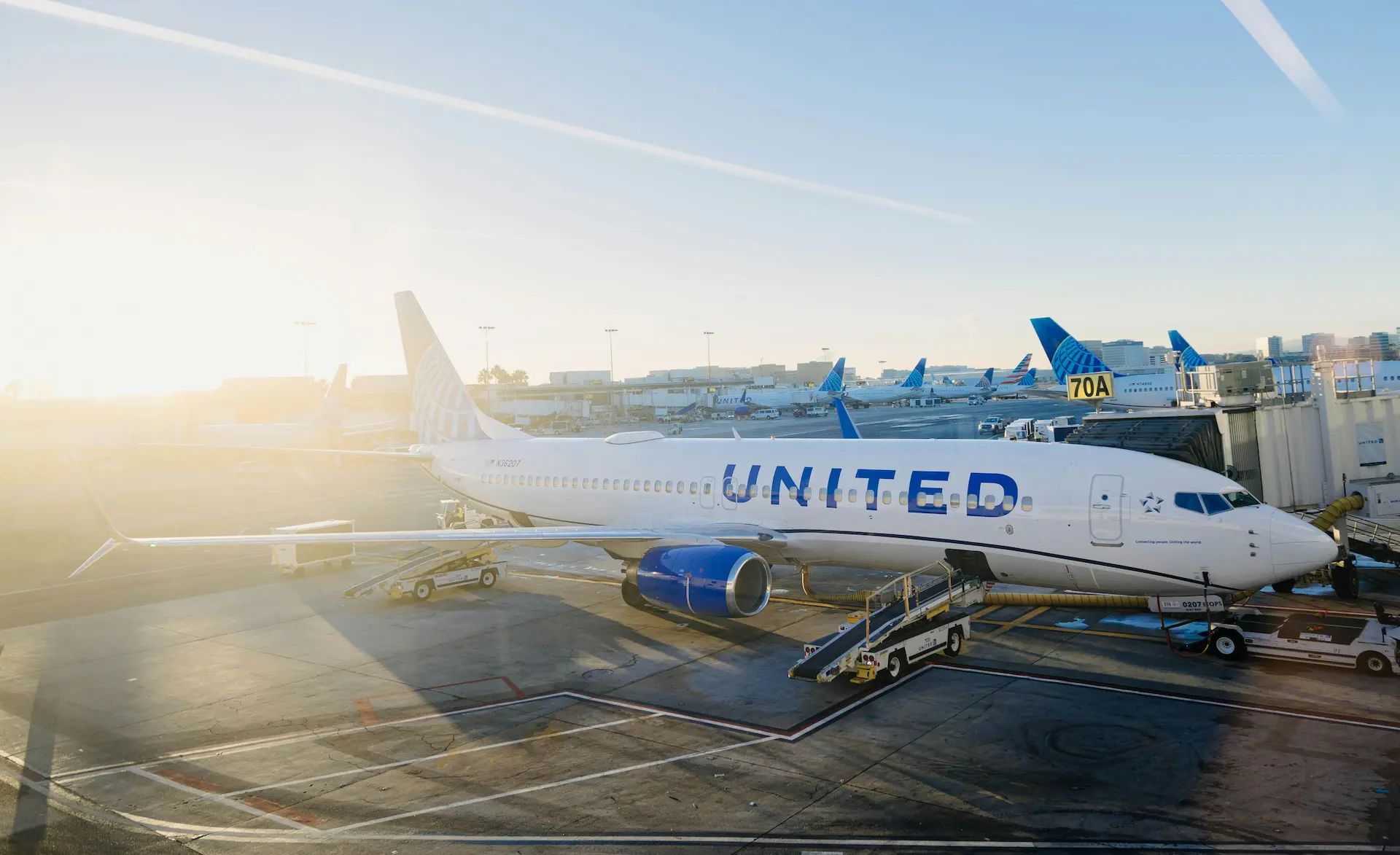 United Airlines Boeing 737 parked at the gate 70A in warm morning sunlight, with baggage loaders beside the fuselage and other United jets in the background